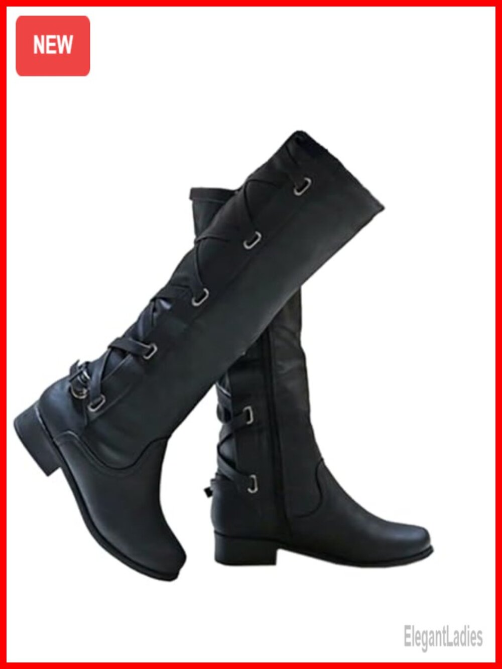 Faux Leather Strappy Motorcycle Knee High Lace Up Flat Low Heel Boots